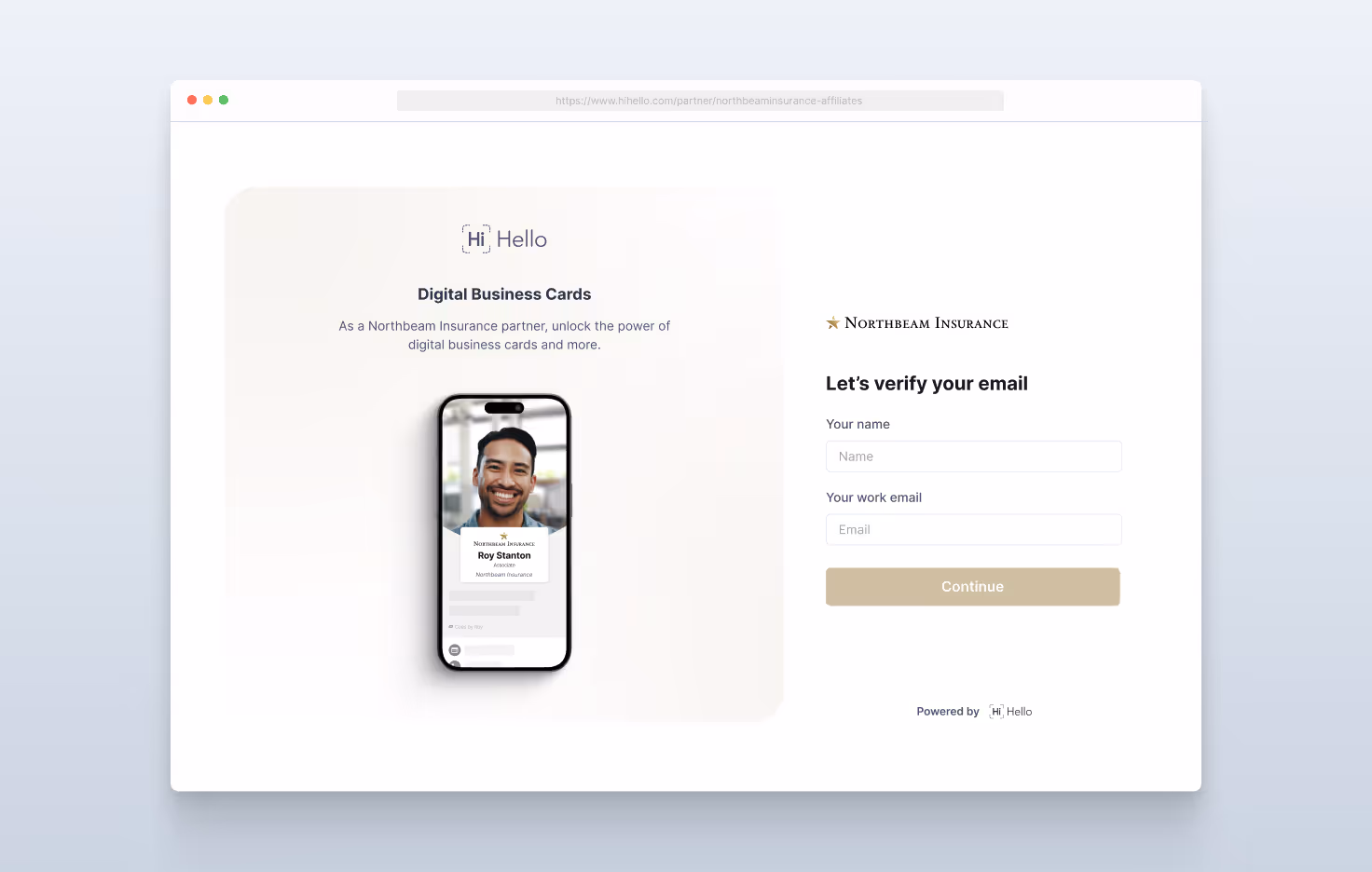 HiHello partner landing page with digital business card preview and email verification form for managing costs