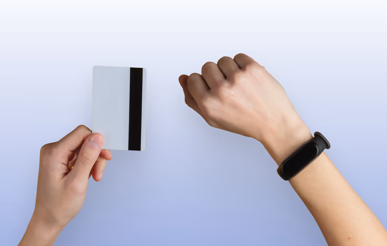 Different types of NFC hardware including a plastic card and a wristband