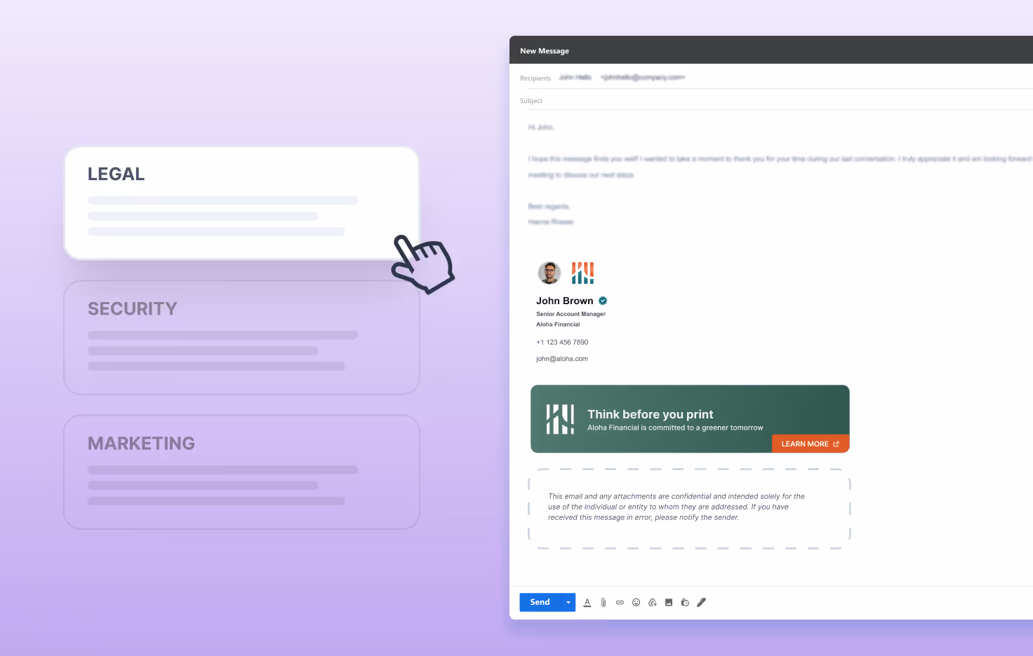 HiHello email signature manager compliance with disclaimers