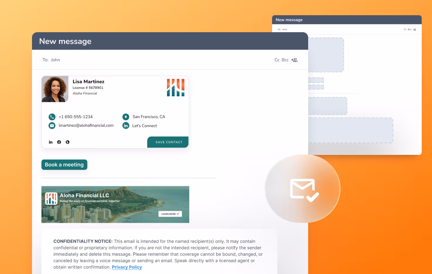 A compliant HiHello email signature featuring a custom CTA button, banner, and disclaimer text.