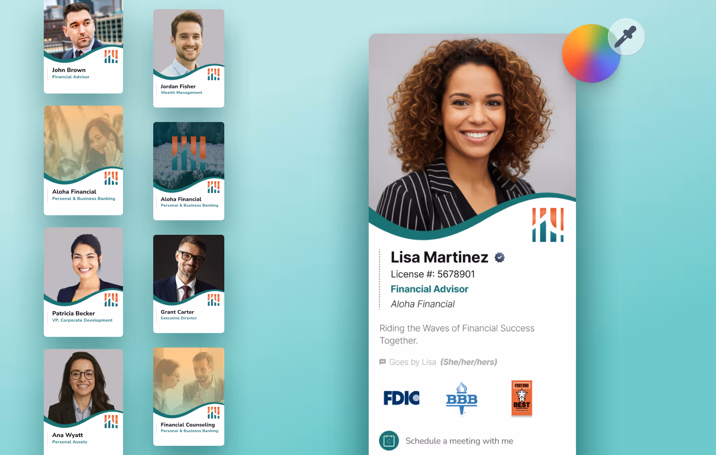 Digital business cards showing professional portraits and titles, featuring contact options and professional certifications.