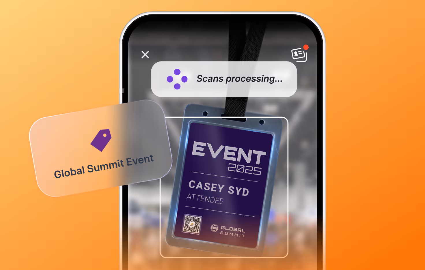 HiHello's industry leading card scanner scanning an event badge and processing information