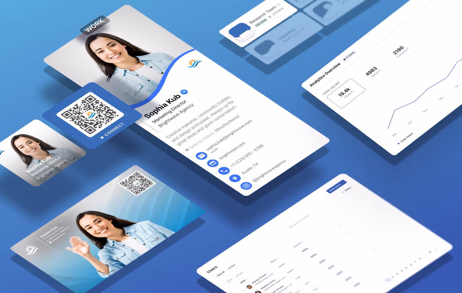HiHello's exceptional user experience reflected through beautiful UI elements including digital business cards, analytics pages, email signatures, templates, and virtual backgrounds