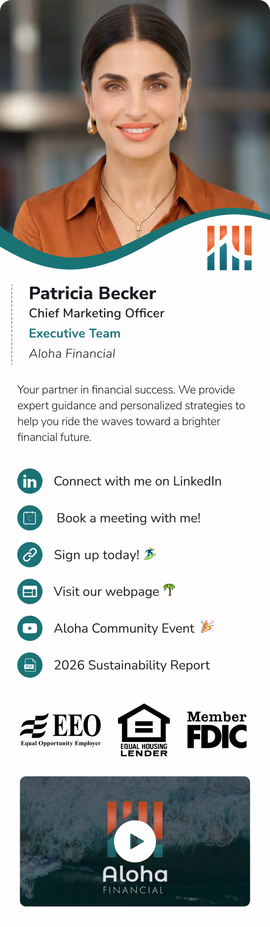 A HiHello digital business card for a Chief Marketing Officer Patricia Becker featuring a bio, links, badges, and a video