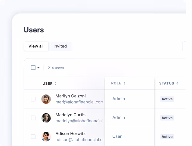 Admin view of team member roles and digital business card access in HiHello