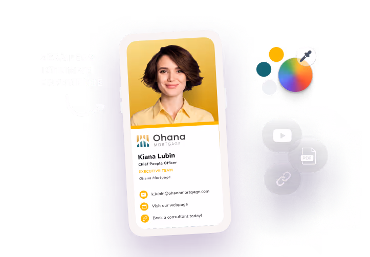 A HiHello digital business card with customization capabilities including color, style, fields, links, PDFs, and videos
