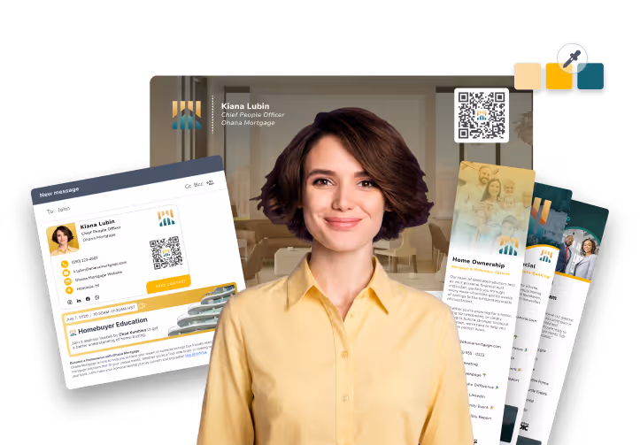 The HiHello Professional Platform suite with digital business cards, email signatures and campaign banners, and professional virtual backgrounds.
