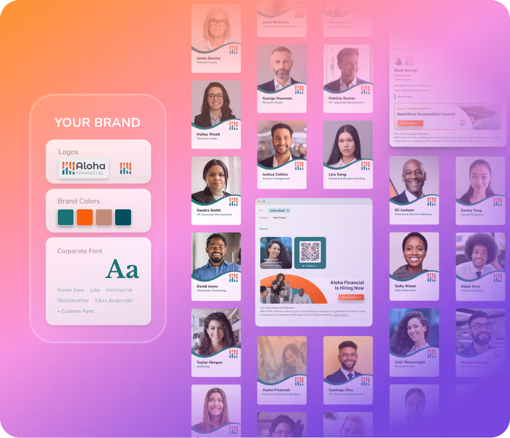 HiHello brand kit panel showing company logos, brand colors, and corporate fonts applied across a team's digital business cards