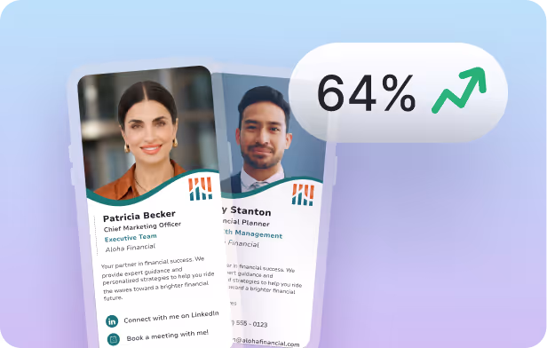 Digital business cards with an upward arrow, illustrating how digital business cards drive conversions and improve ROI