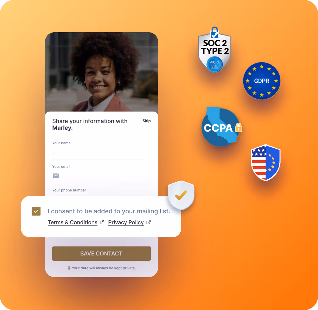 Compliant digital business card shown on a phone with SOC 2 Type II, GDPR, SSO, and privacy lock icons, highlighting HiHello’s security and data protection features