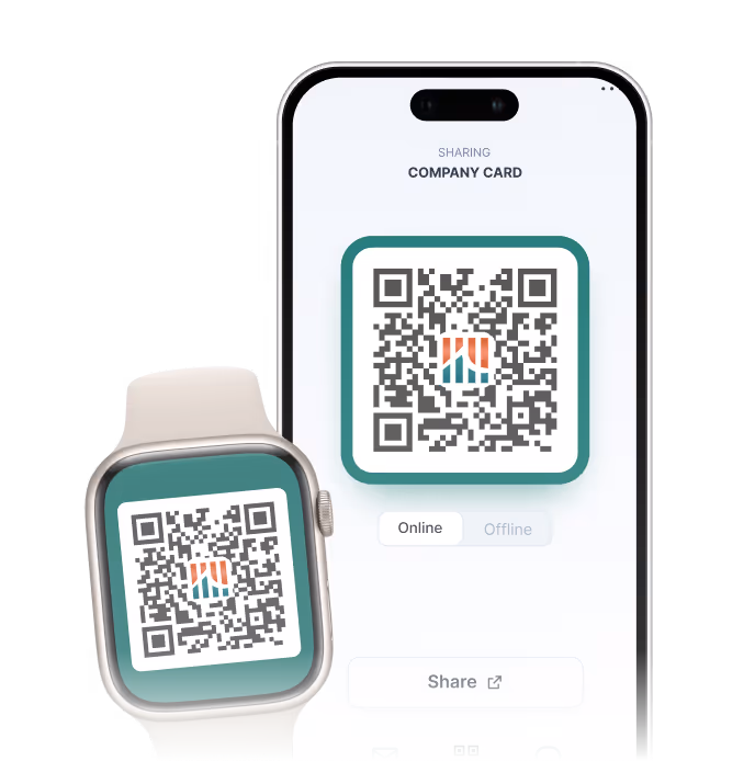 A HiHello digital business card sharing screen QR code on a phone and smart watch