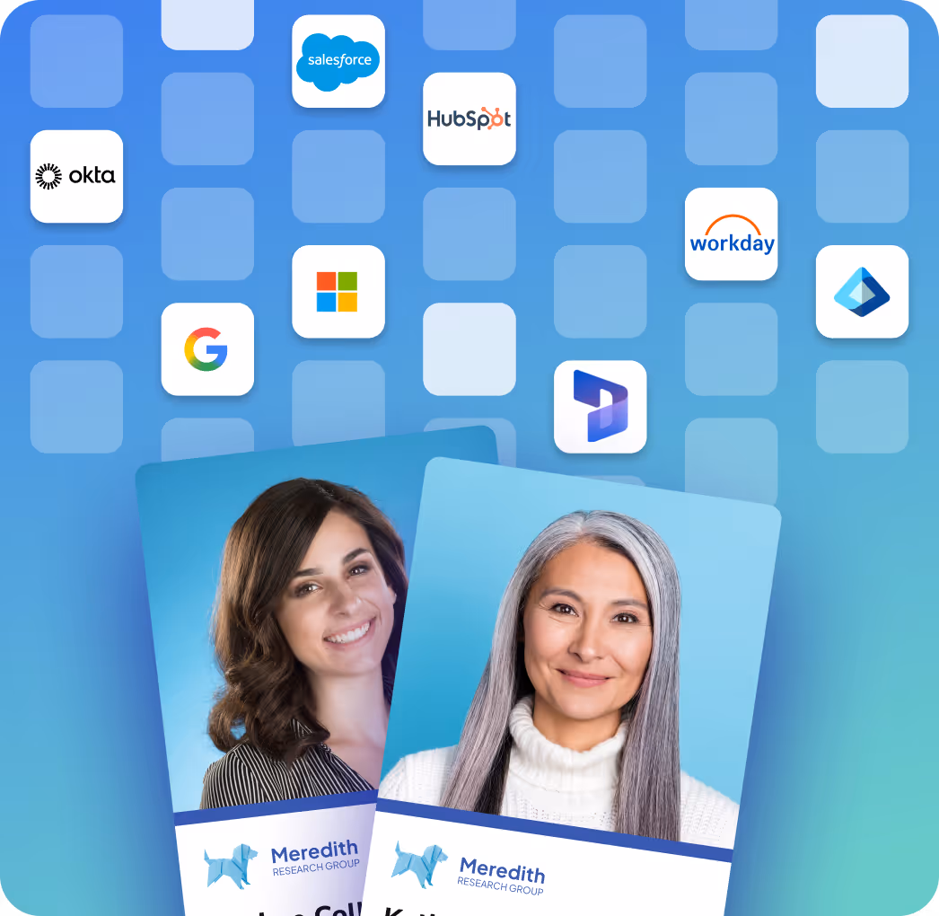 HiHello integrations with tools like Salesforce, Google, HubSpot, Mailchimp, Workday, Okta, and Microsoft Dynamics, shown connecting to digital profiles and contacts
