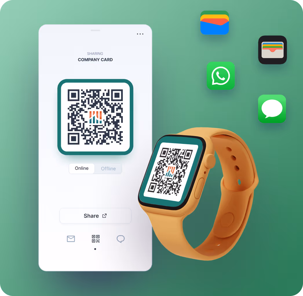 Digital business card with QR code displayed on a phone and smartwatch, surrounded by icons for Gmail, WhatsApp, Apple Wallet, Google Wallet, and Chrome, showing cross-platform sharing options