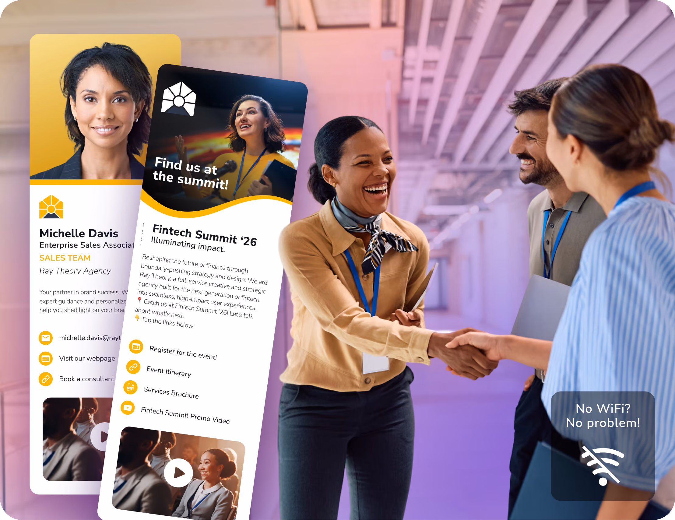 Professionals networking at an event with HiHello digital business cards