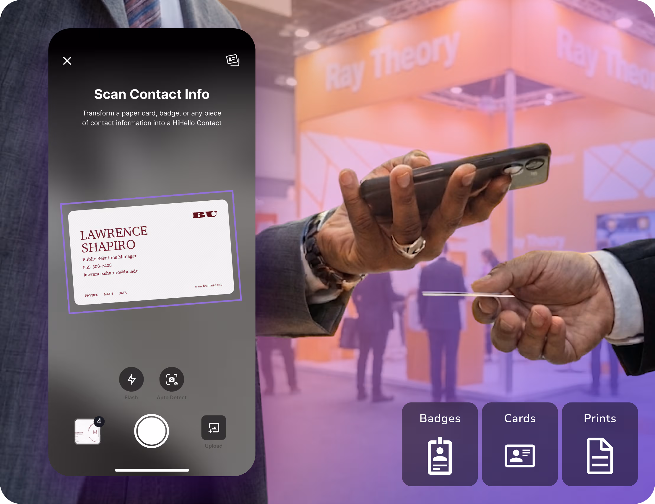 Professional scanning a paper business card with the HiHello universal scanner