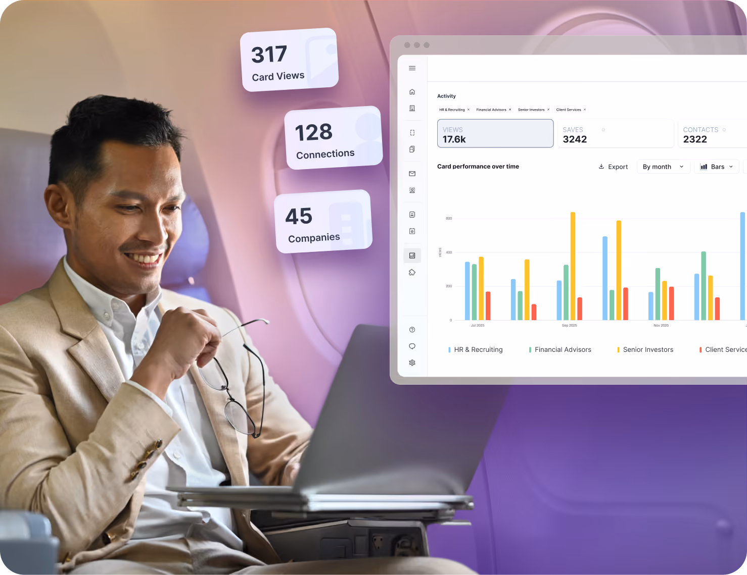Professional on a plane viewing HiHello analytics