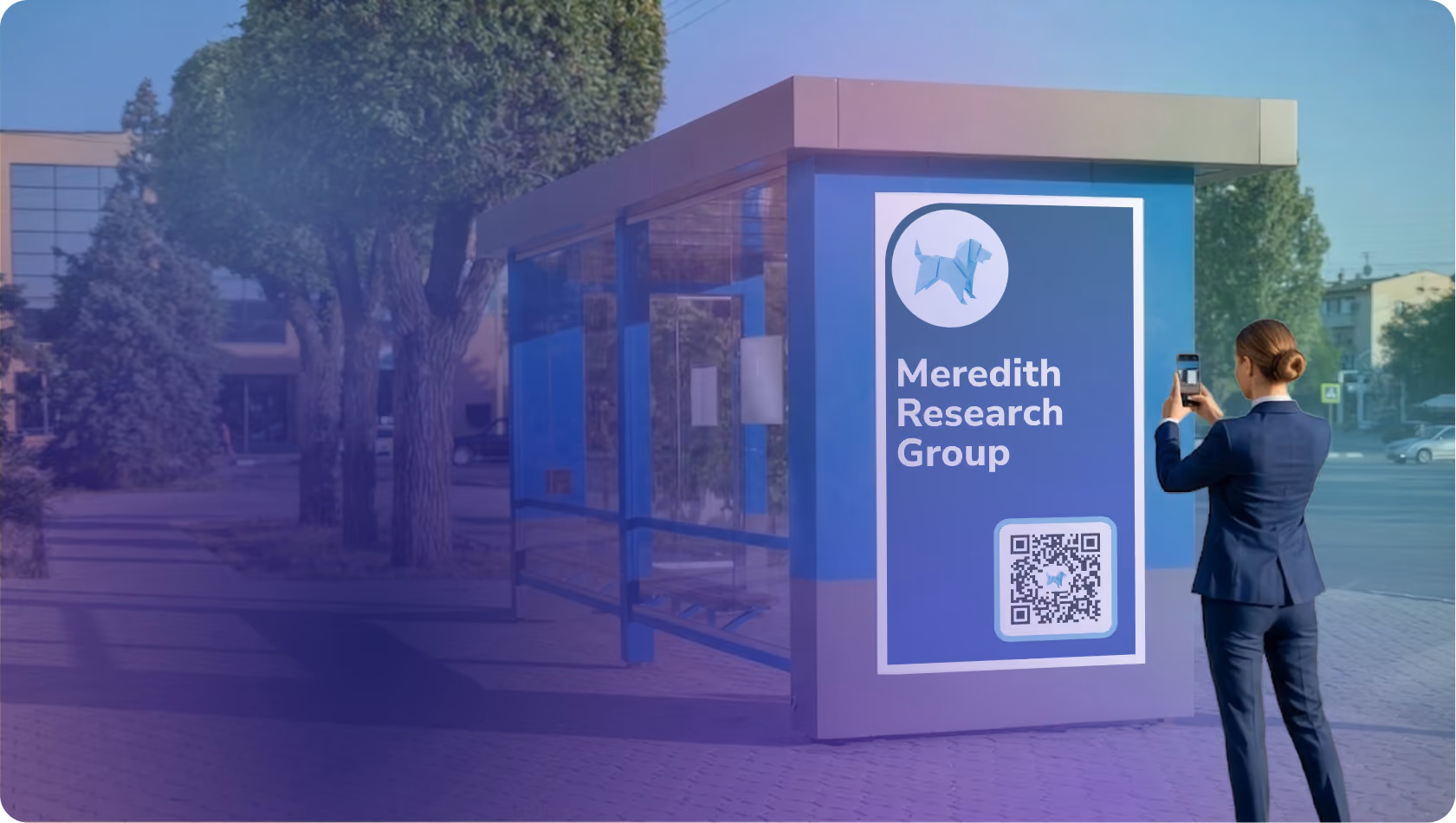 A business woman scanning a HiHello QR code on an advertisement