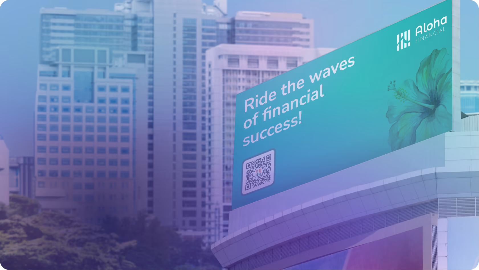 A modern city with a billboard advertisement containing a HiHello QR code that links to a digital business card