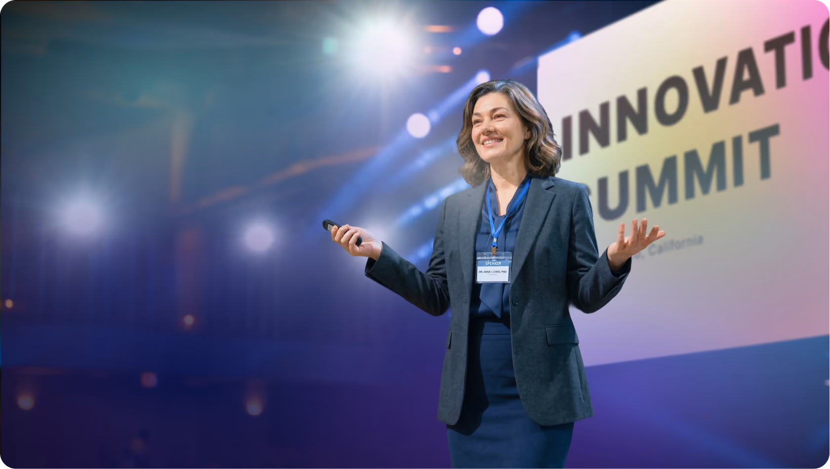A business woman giving a speech at an Innovation Summit