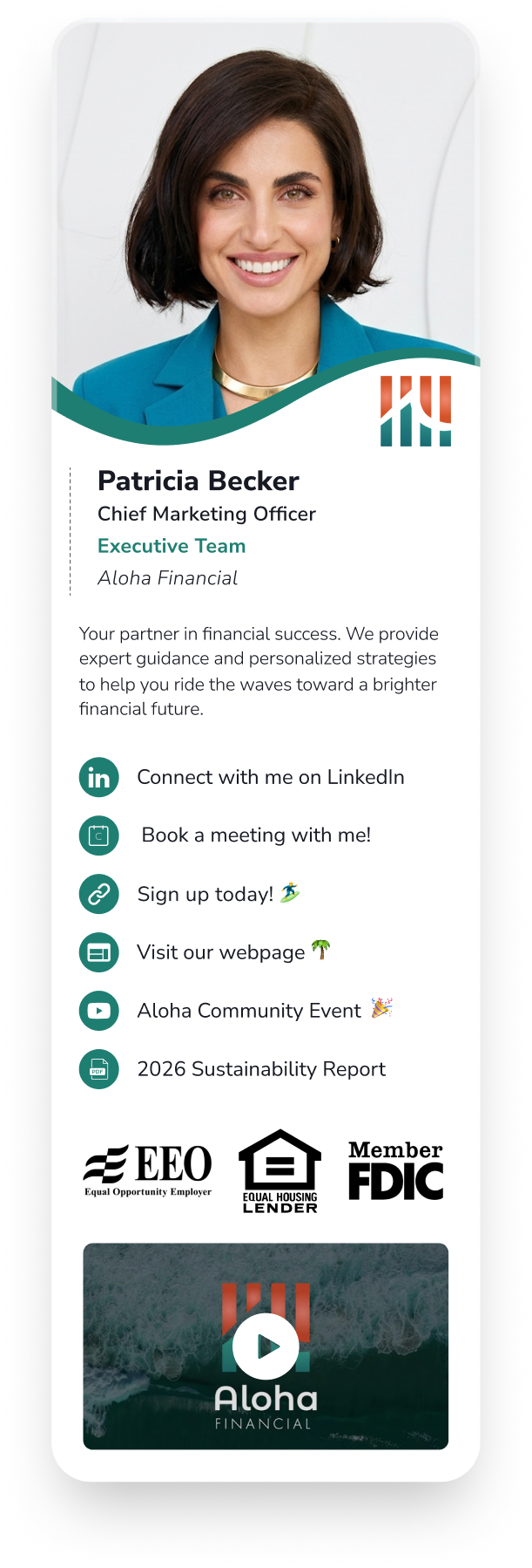 HiHello digital business card for Patricia Becker, Chief Marketing Officer at Aloha Financial