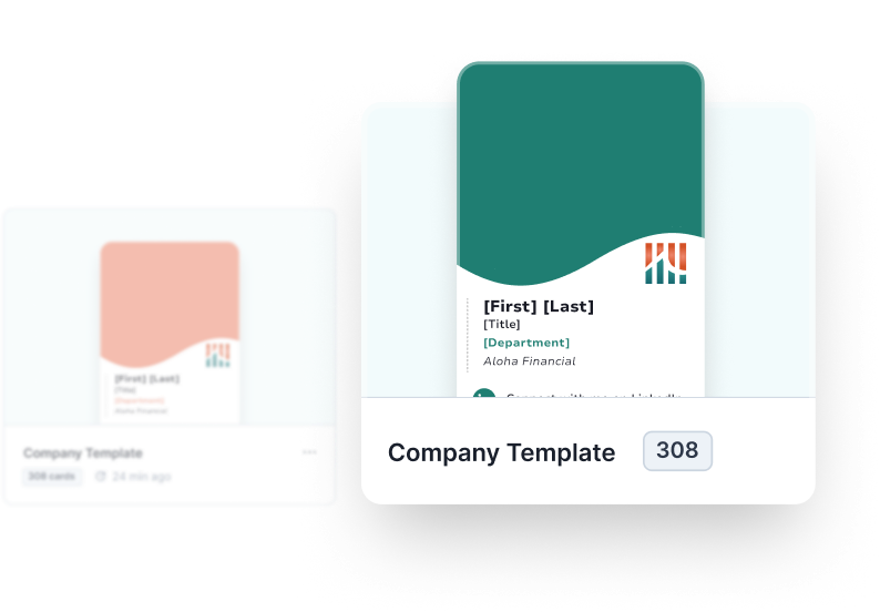 HiHello company card template applied across 308 cards