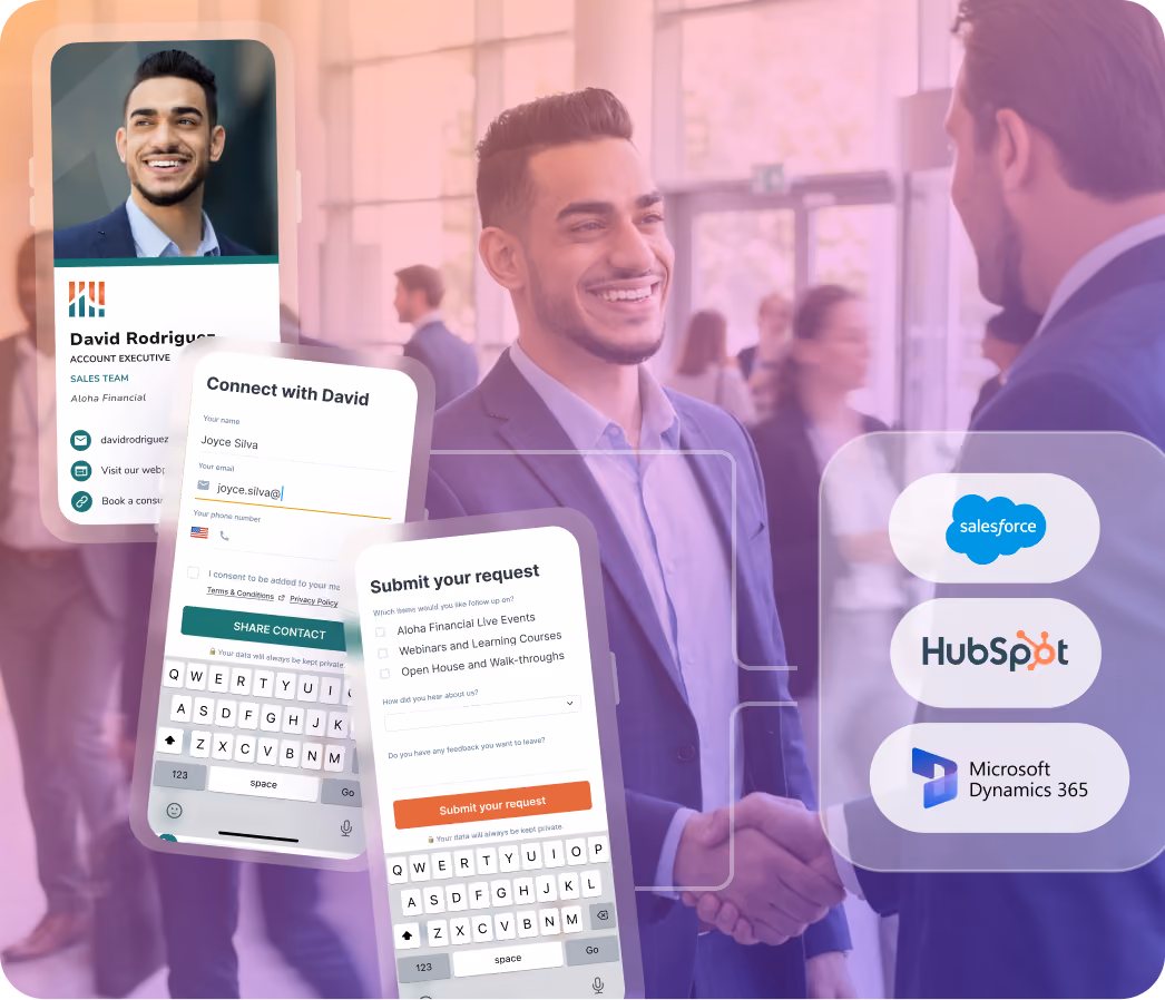 A business professional shaking hands with a prospect and connecting leads to a CRM with HiHello