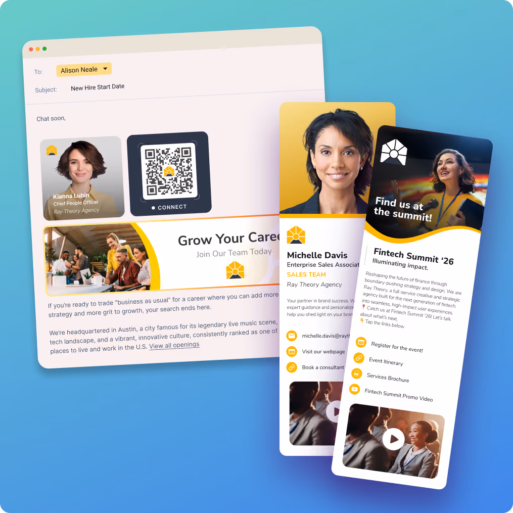 Build brand presence with on-brand digital business cards and email signatures. Bring your brand into every employee interaction. 