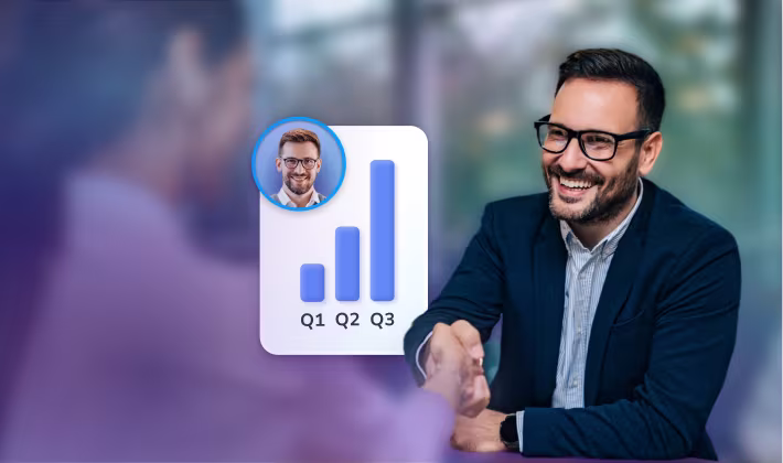 Smiling businessman shaking hands beside a HiHello lead attribution chart showing quarterly growth
