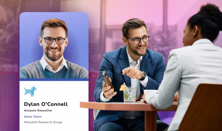 HiHello digital business card for an account executive, shown beside him meeting a client over lunch