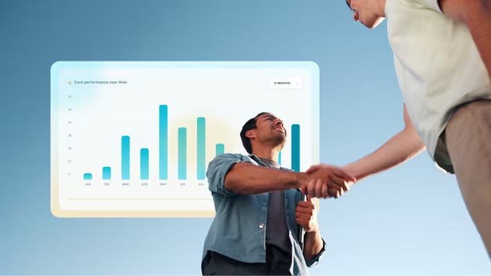 Two professionals shaking hands in front of a HiHello card performance chart showing monthly results
