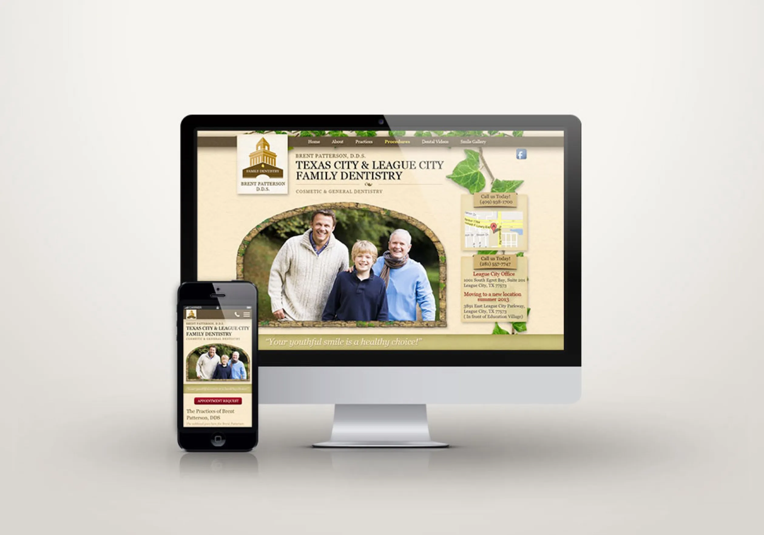 Responsive website design project by FAMGO Design, displaying side-by-side desktop and mobile user interface layouts for a dental clinic, engineered for cross-device conversion-rate optimization.