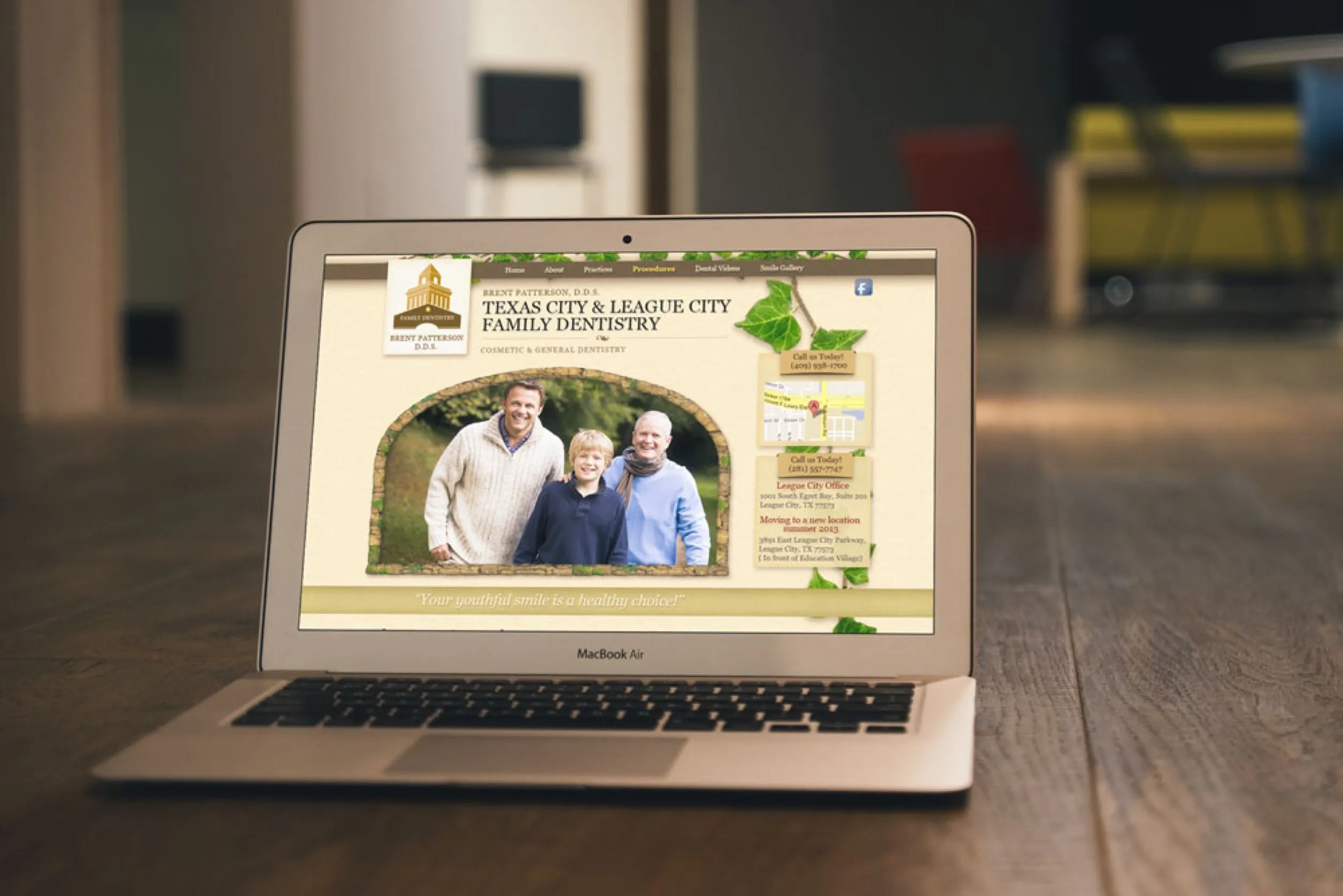 Conversion-focused dental website design by FAMGO Design, shown on a MacBook Air mockup in a modern office, featuring a custom Tuscan-themed UX layout for Texas City & League City Family Dentistry optimized for patient acquisition.