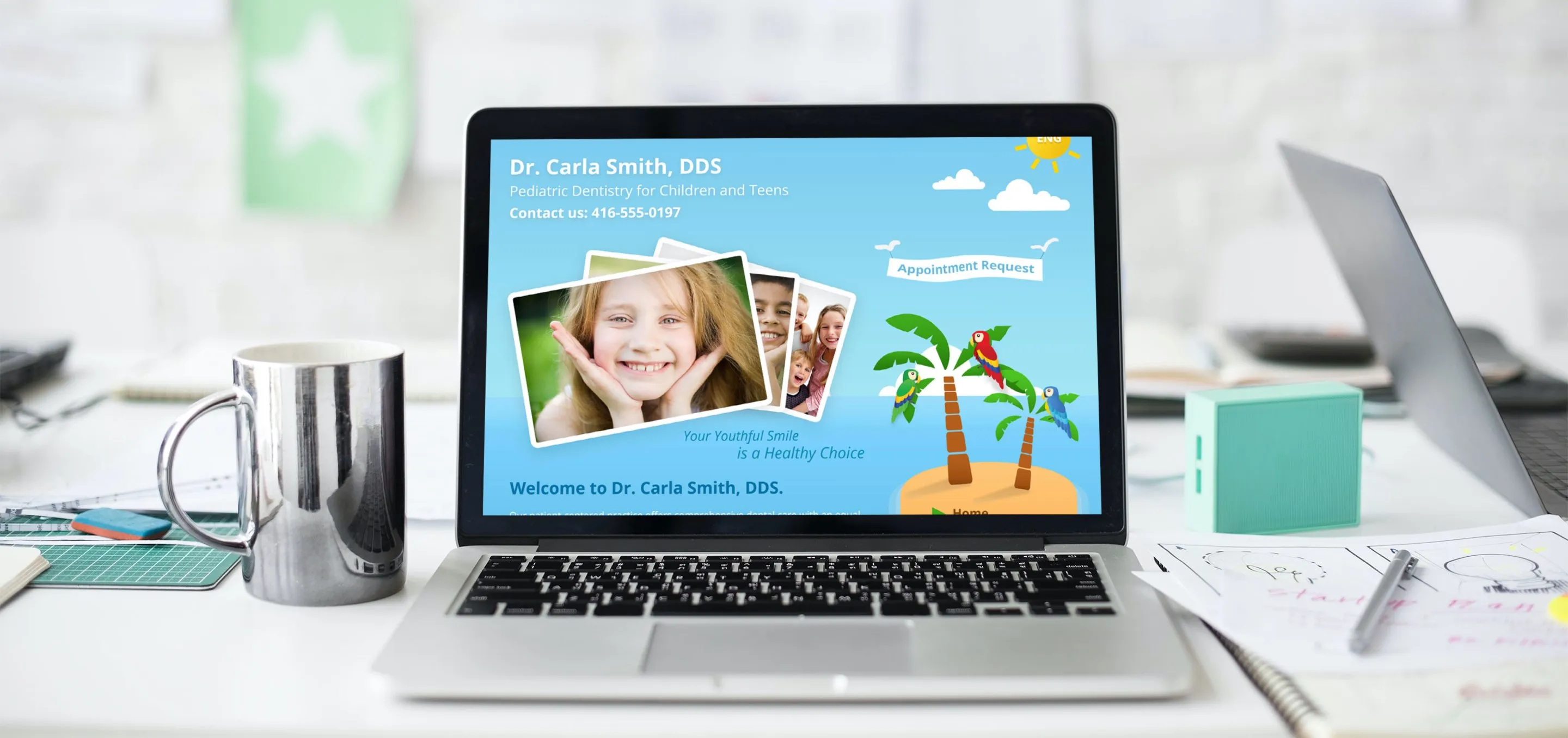 Island-themed dental website design displaying on a MacBook Pro laptop. 島嶼風格的牙醫網站在蘋果筆記型電腦上。