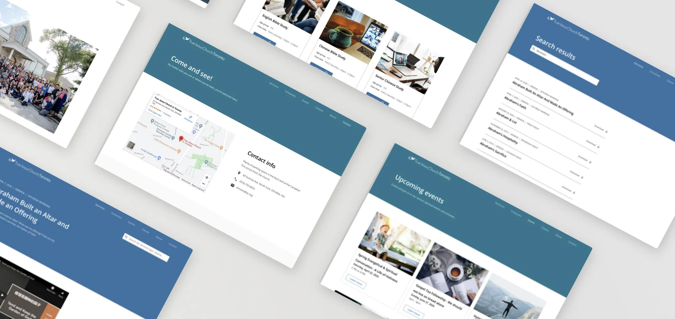 Multiple screenshots of the Toronto TJC website design. 多倫多真耶穌教會網站設計的多個截圖。
