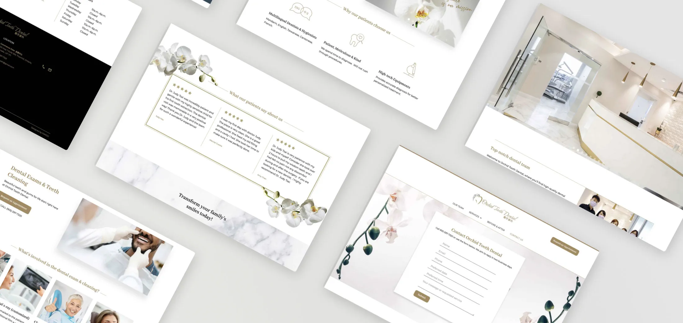 Orchid Tooth Dental's desktop website design pages. 蘭牙齒科 的電腦版網站設計頁面。