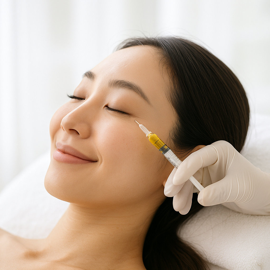 Close-up of a smiling woman receiving a aesthetics injection near her eye from a gloved hand.