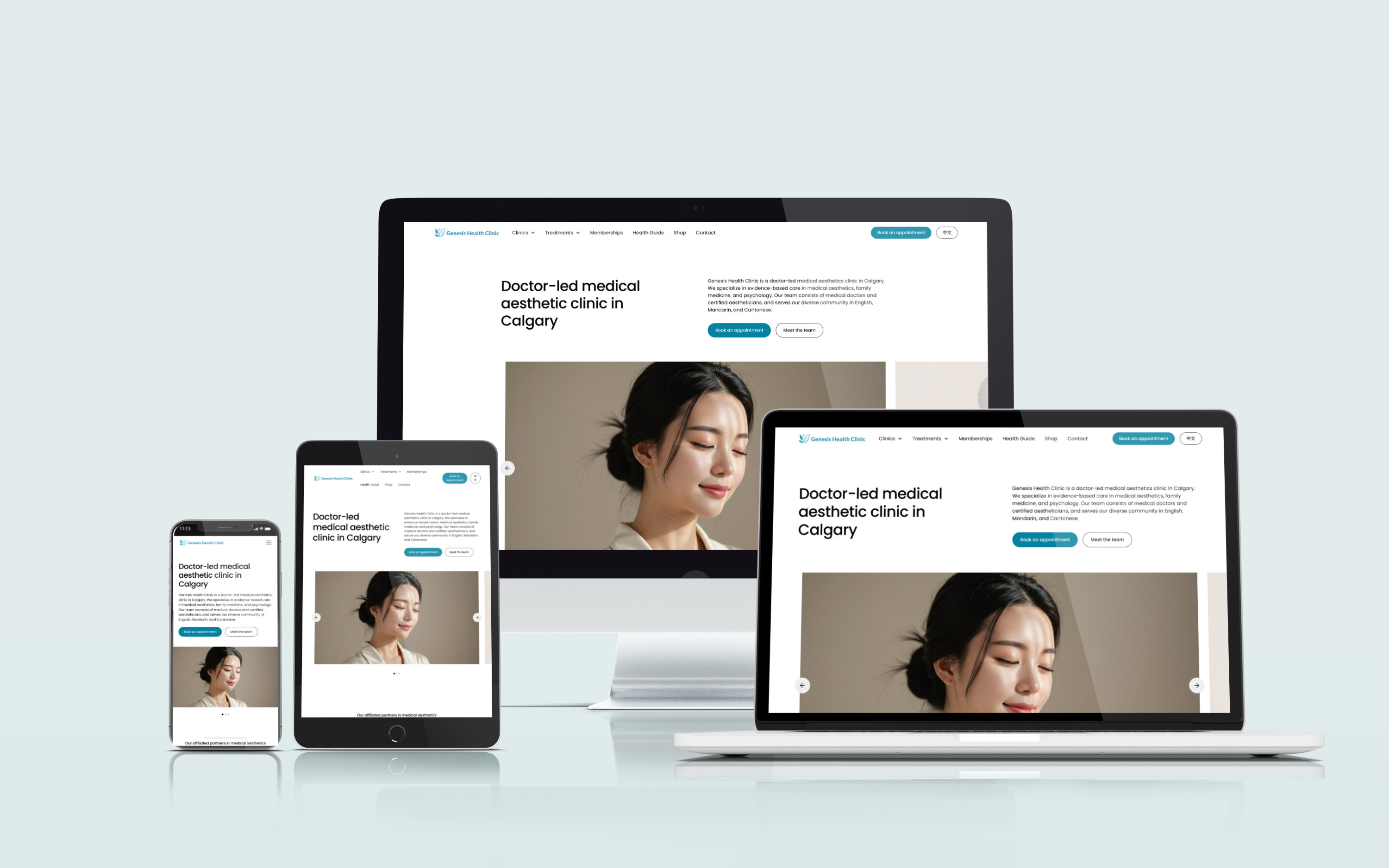 Homepage of Genesis Health Clinic Calgary medical aesthetics website designed by FAMGO Design