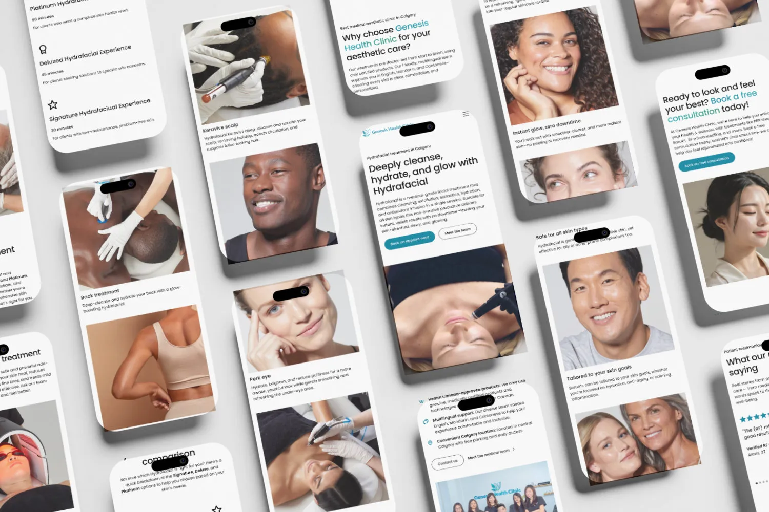 Collage of Genesis Health Clinic's mobile site, featuring diverse, smiling individuals. Includes skincare procedures, glowing skin, and text on aesthetic care benefits. Bright, fresh tone.