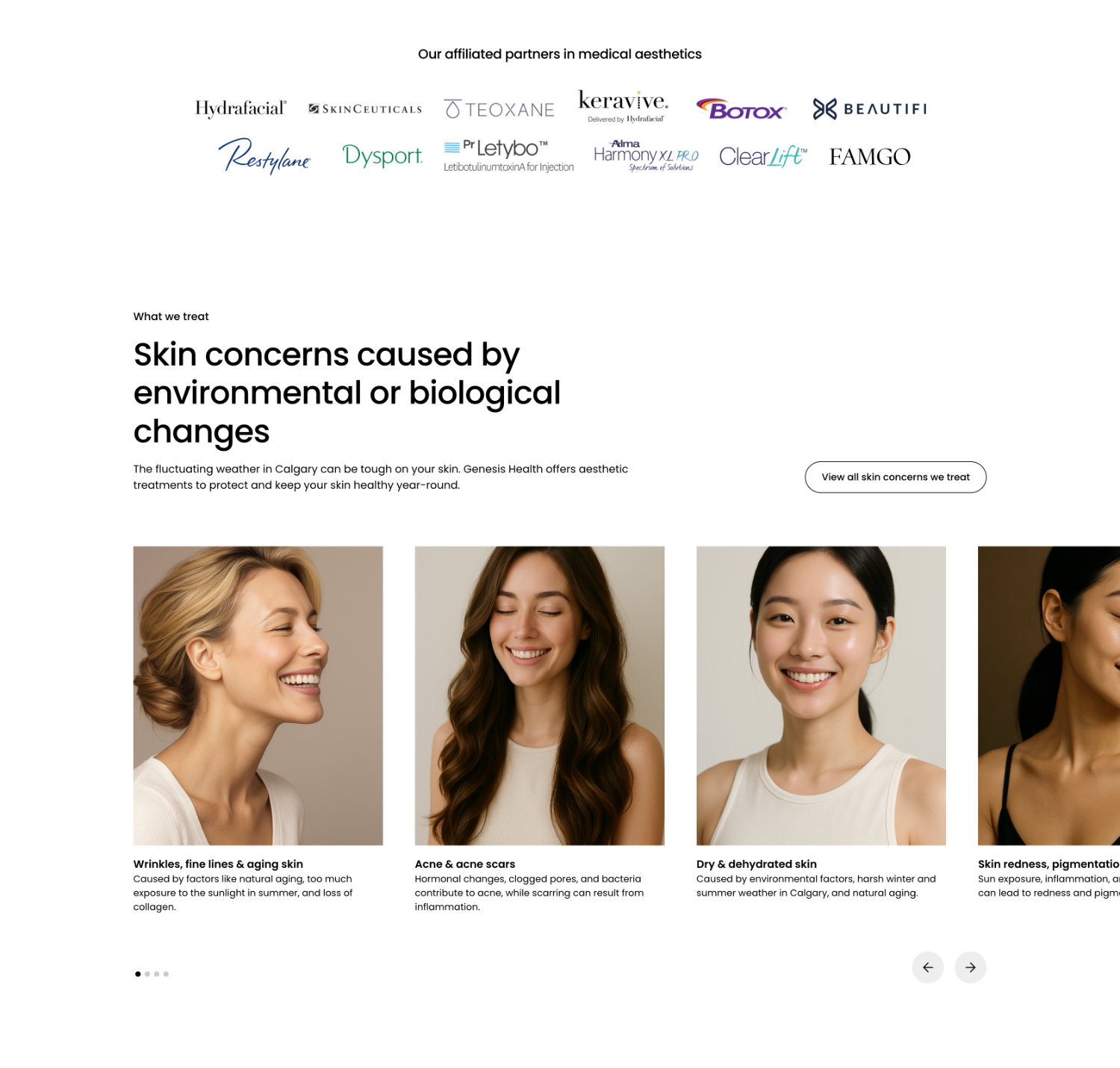Skin concerns section design on Genesis Health Clinic's medical aesthetic website