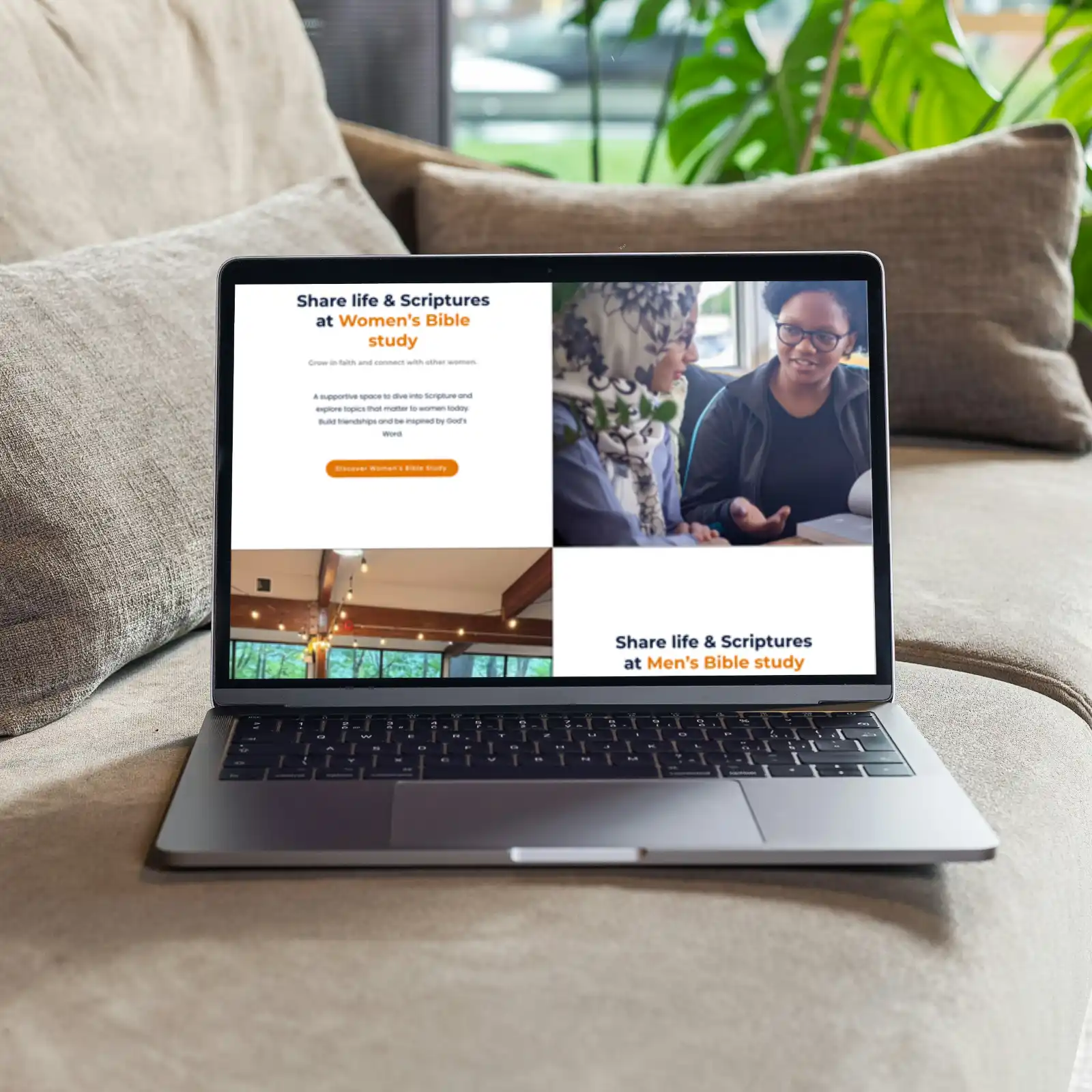 A laptop on a sofa displays The Village Church website redesign, promoting men's and women's Bible study groups, with images of diverse people discussing and smiling.