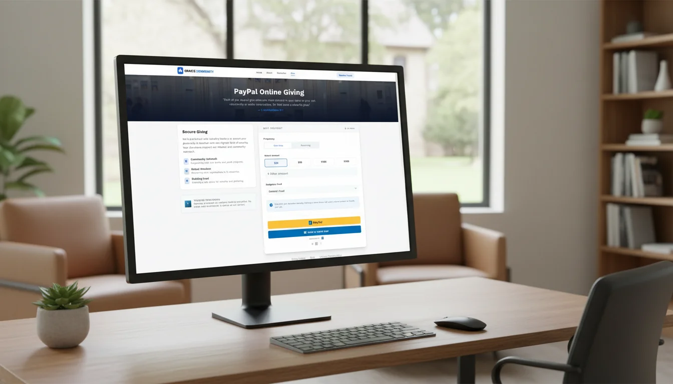 A modern church office desk with a computer displaying a PayPal Online Giving page for a church website design