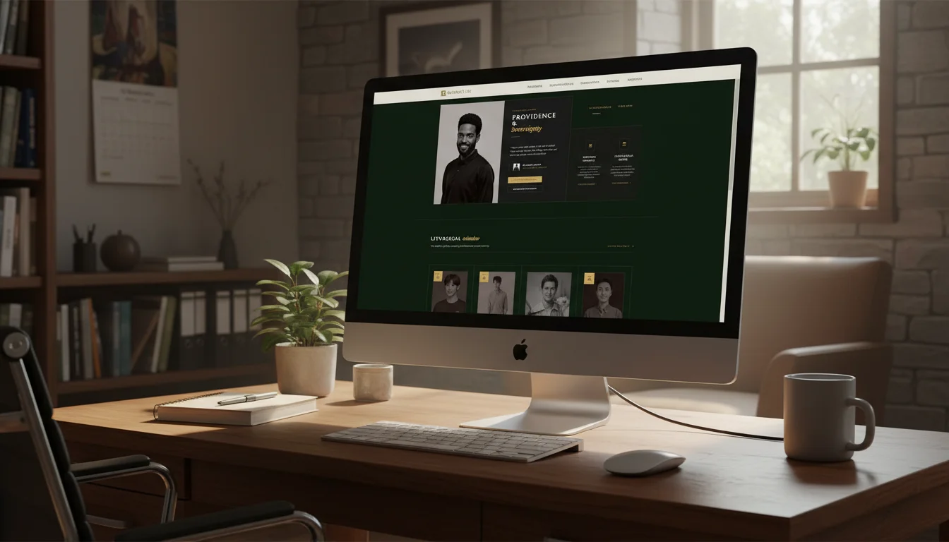 A church office with an Apple computer displaying a professional church website design featuring a team members' details. Sunlight filters through a window. A plant, notebook, and mug are on the wooden desk.
