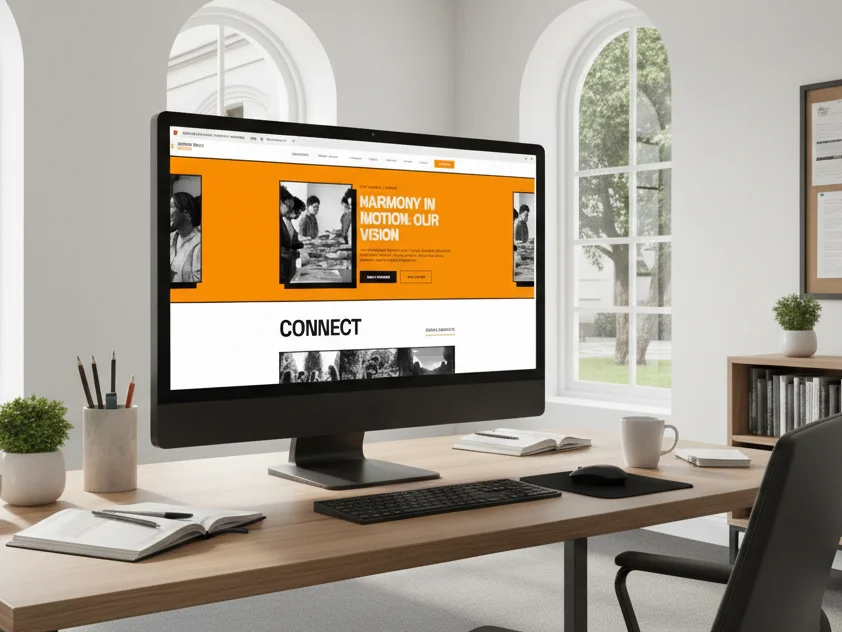 A modern church office with large monitor displaying an orange and black church website design in a bright room. Desk has books, a potted plant, mug, and stationery.