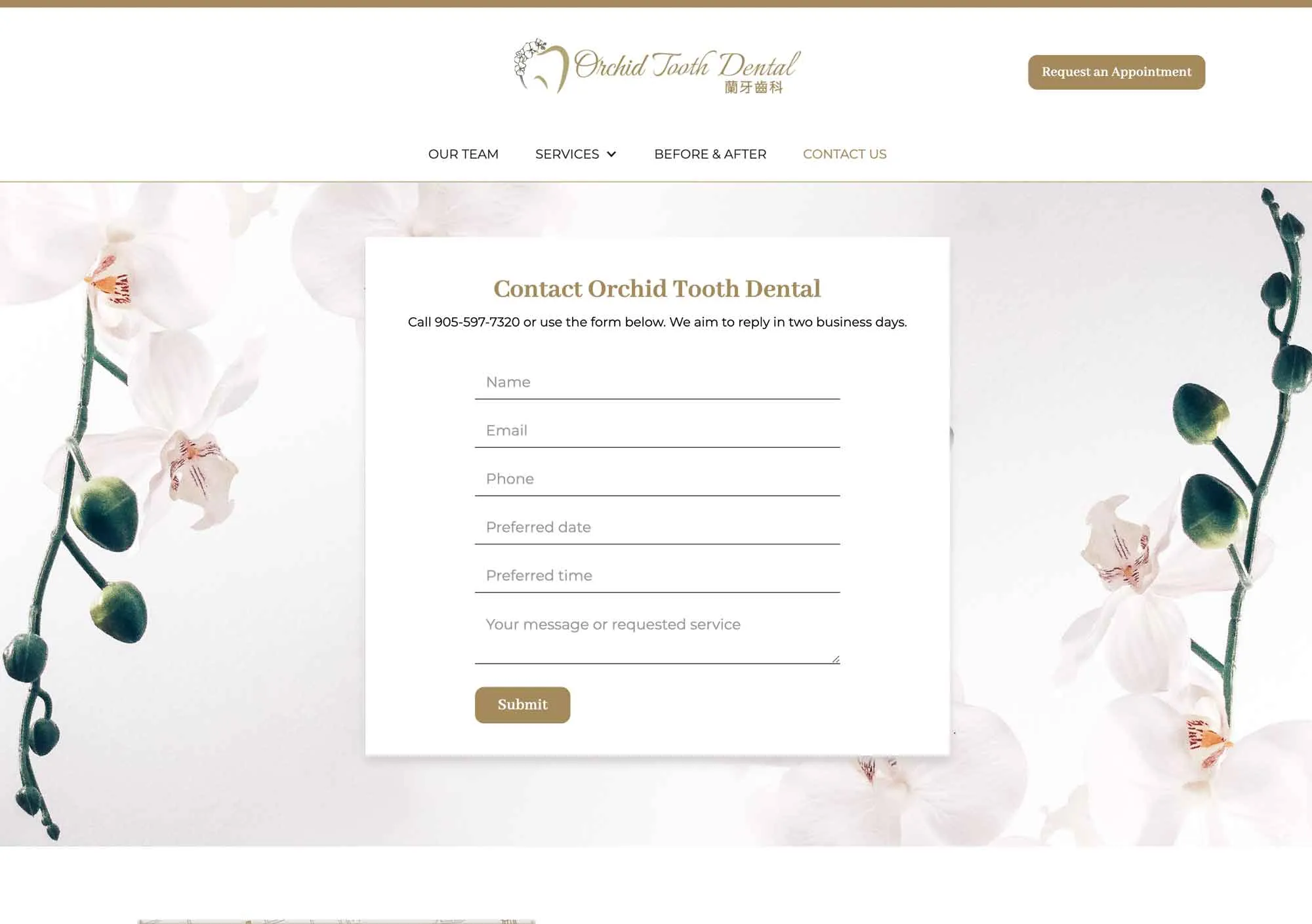 Contact page design for Orchid Tooth Dental's website.