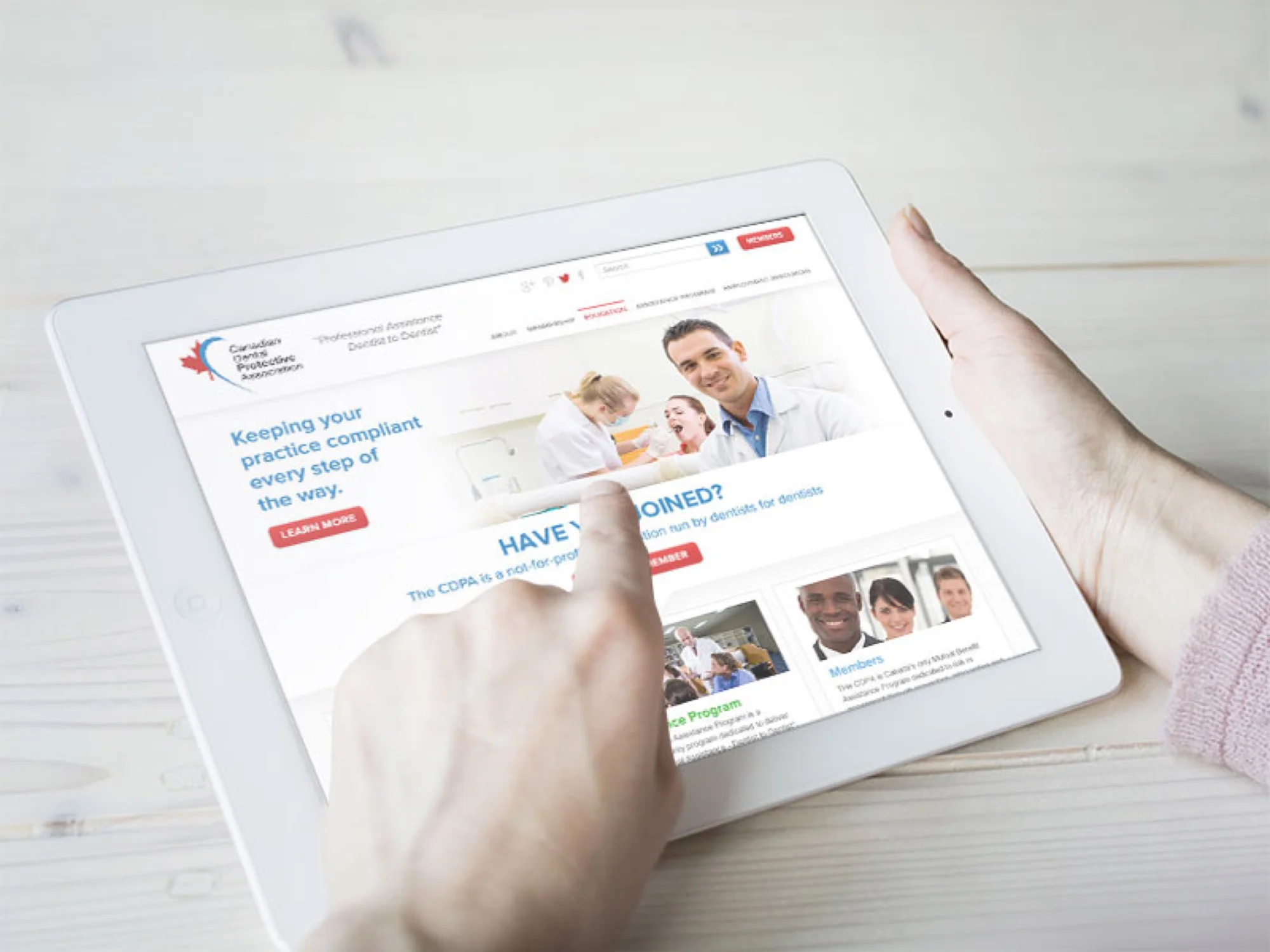 Dental website design for CDPA on iPad.