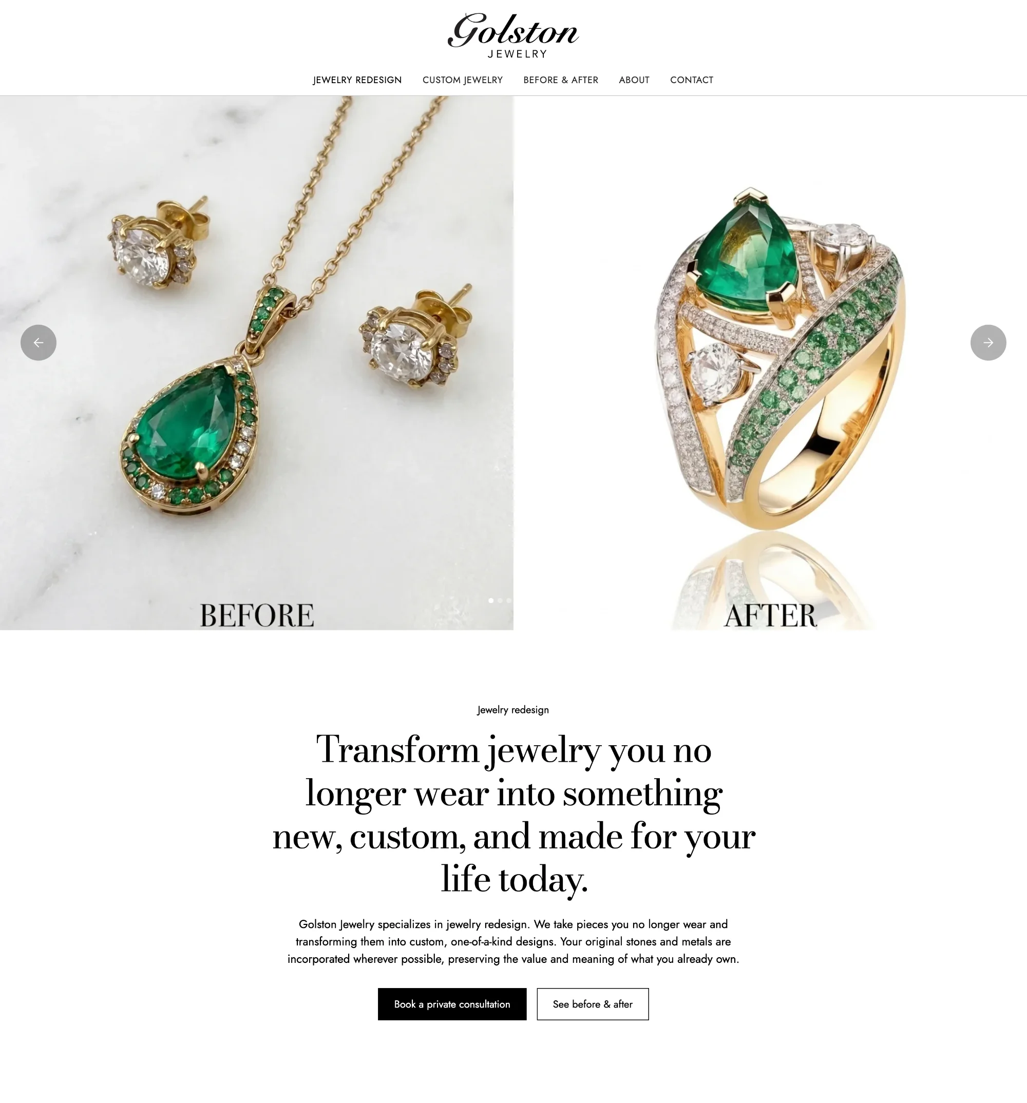 Luxury website hero banner design by agency FAMGO for the Golston Jewelry redesign page, featuring an interactive split-screen UI layout showcasing before-and-after gemstone transformations to drive user engagement.