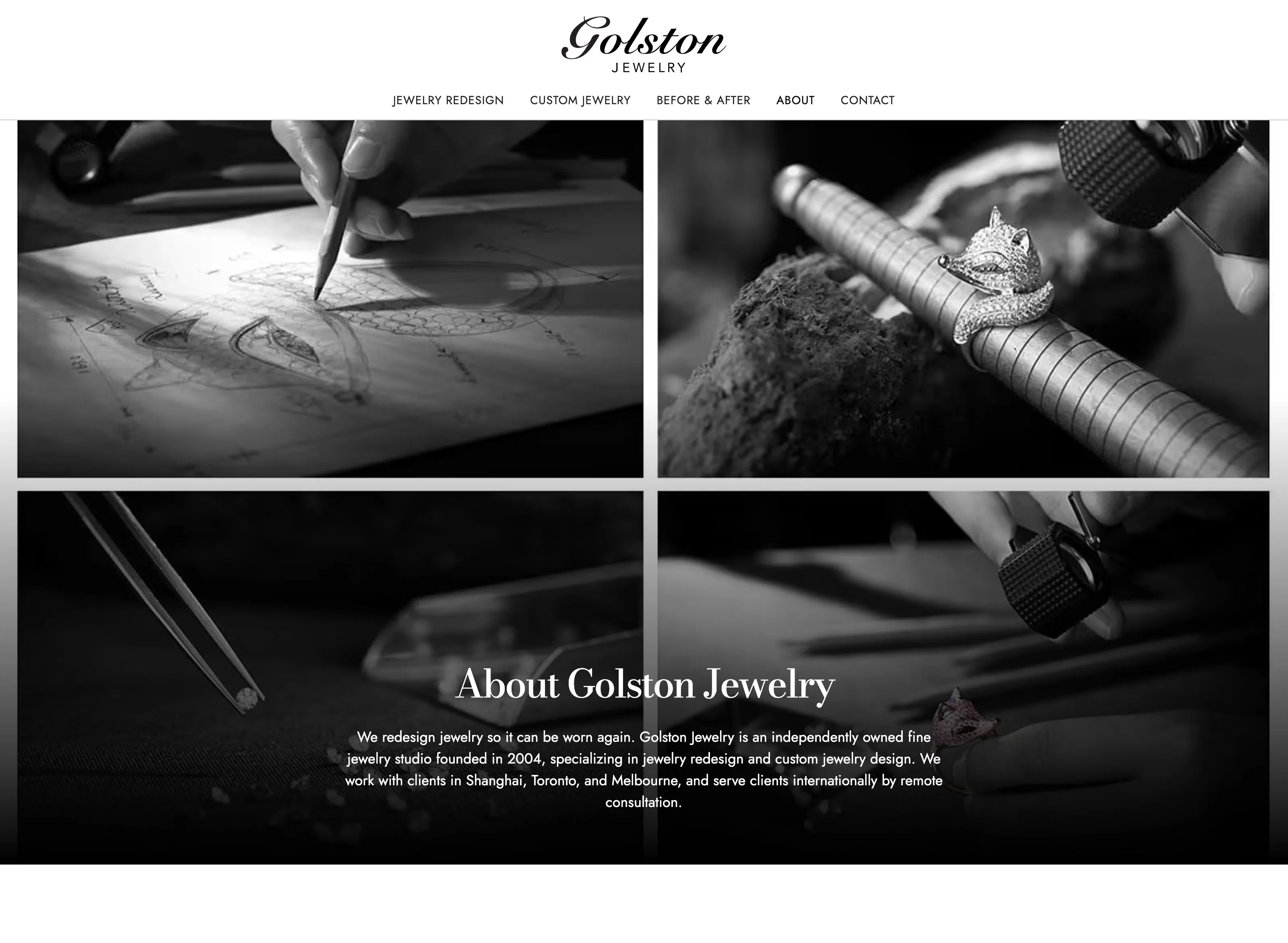 FAMGO's desktop web design mockup of the About Golston Jewelry page, showing clean typography and a luxury UI layout featuring a jeweler at work.