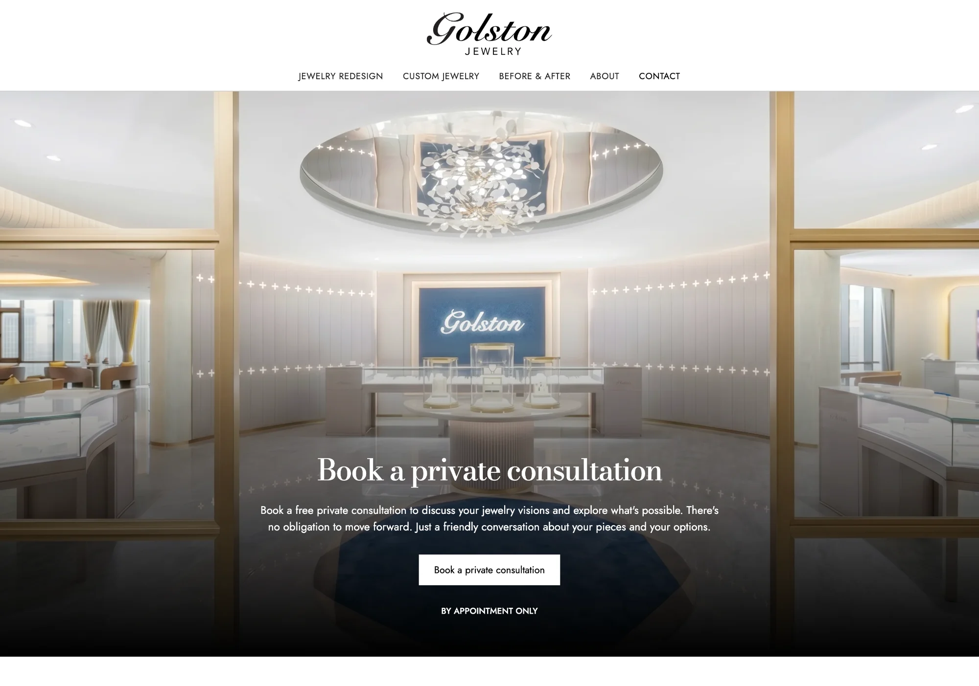Hero section UI design by FAMGO for a high-end web design case study, featuring a luxury jewelry studio showroom with a clean consultation booking overlay.