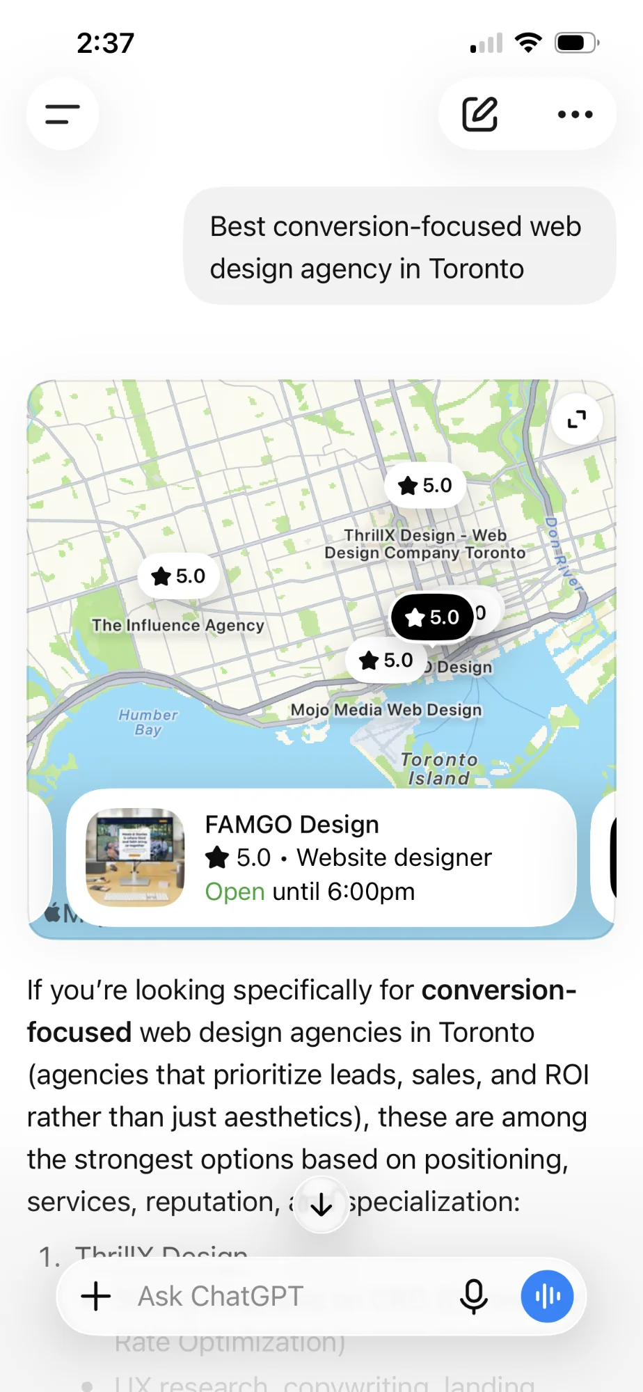 Map showing the best conversion-focused web design agencies in Toronto with FAMGO Design highlighted, rated 5.0 stars and open until 6pm.