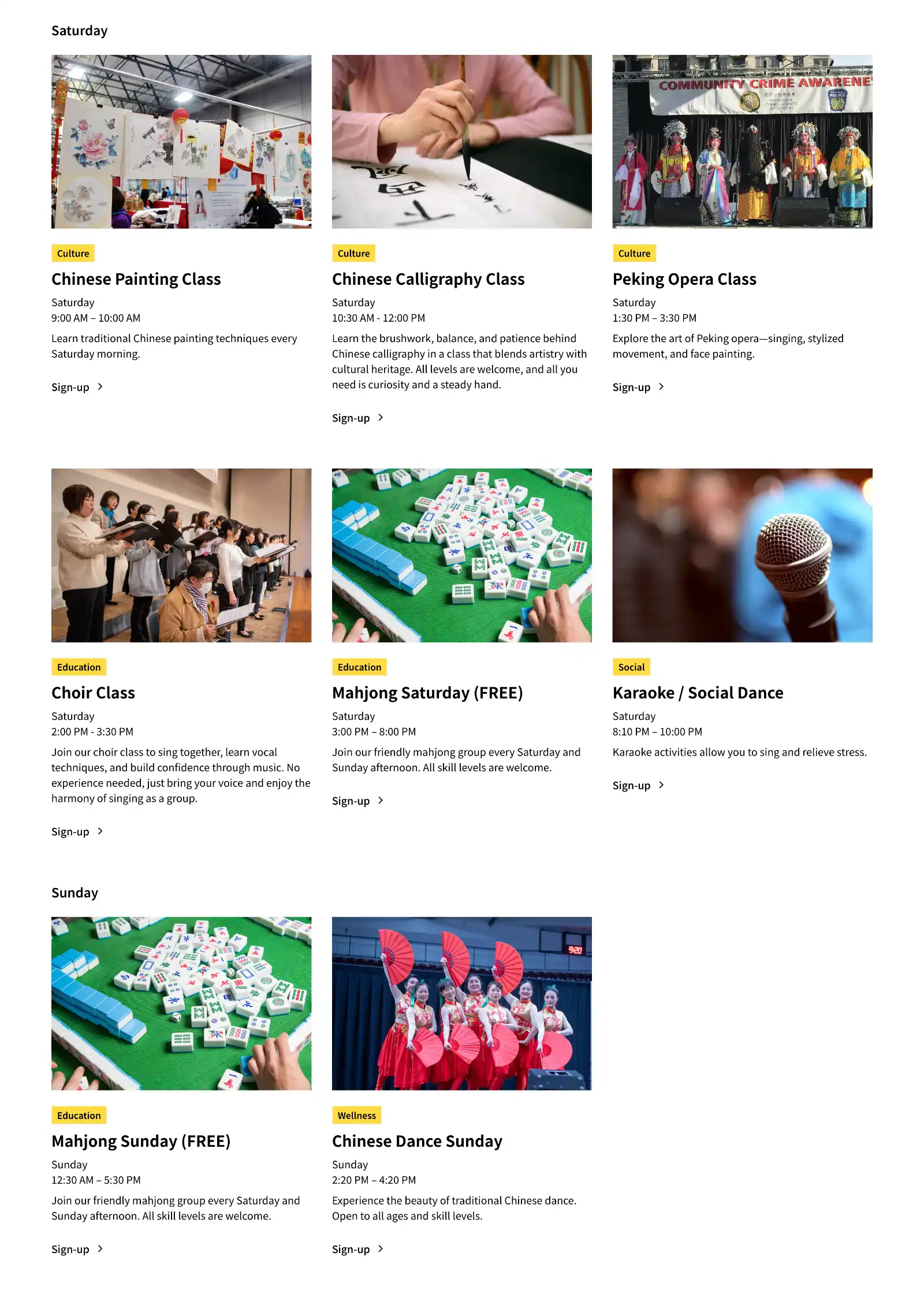 Desktop online schedule of Chinese Association of Mississauga programs by day.